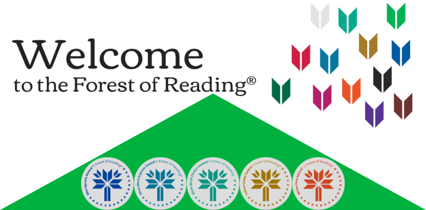 Welcome to the Forest of Reading text and arrows of various colours; below are logos of the Forest of Reading Prizes