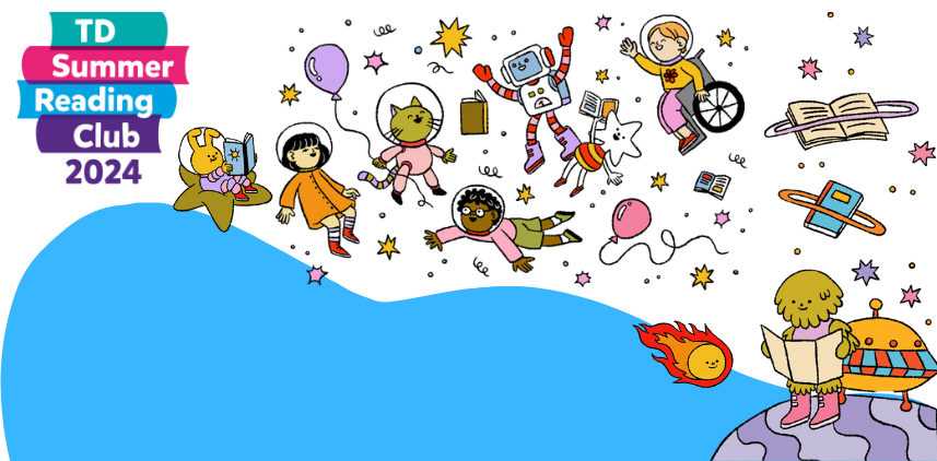 TD Summer Reading Club logo. Icons of space characters and people of different abilities floating in space.