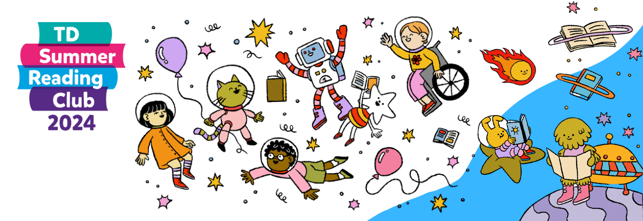 TD Summer Reading Club logo. Icons of space characters and people of different abilities floating in space.